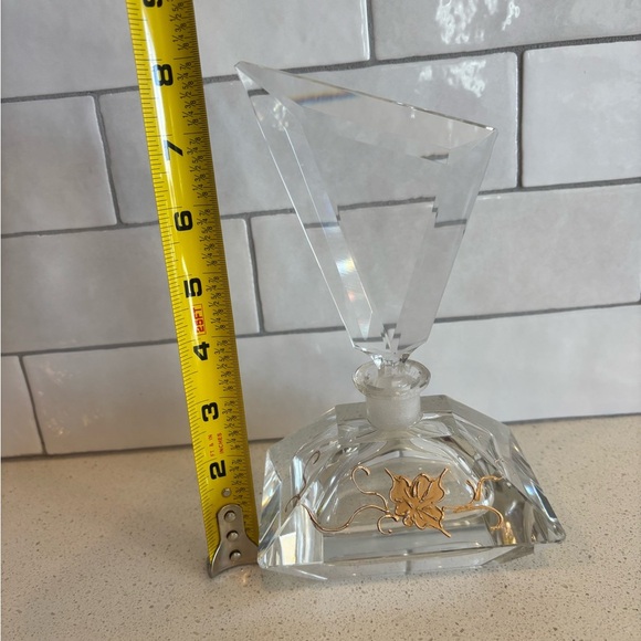 Vintage Heavy Lead Cut Crystal Perfume Decanter Bottle with Dauber Gold Flower - Picture 10 of 11
